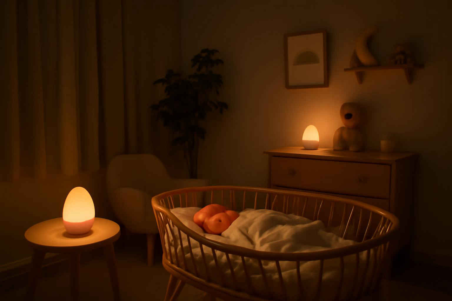 Luz noturna para bebê acesa em um quarto aconchegante