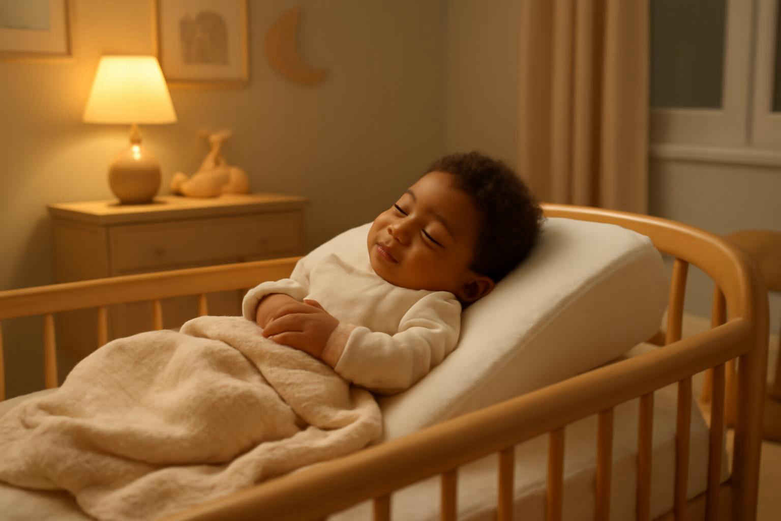Bebê dormindo em almofada anti-refluxo em um quarto acolhedor