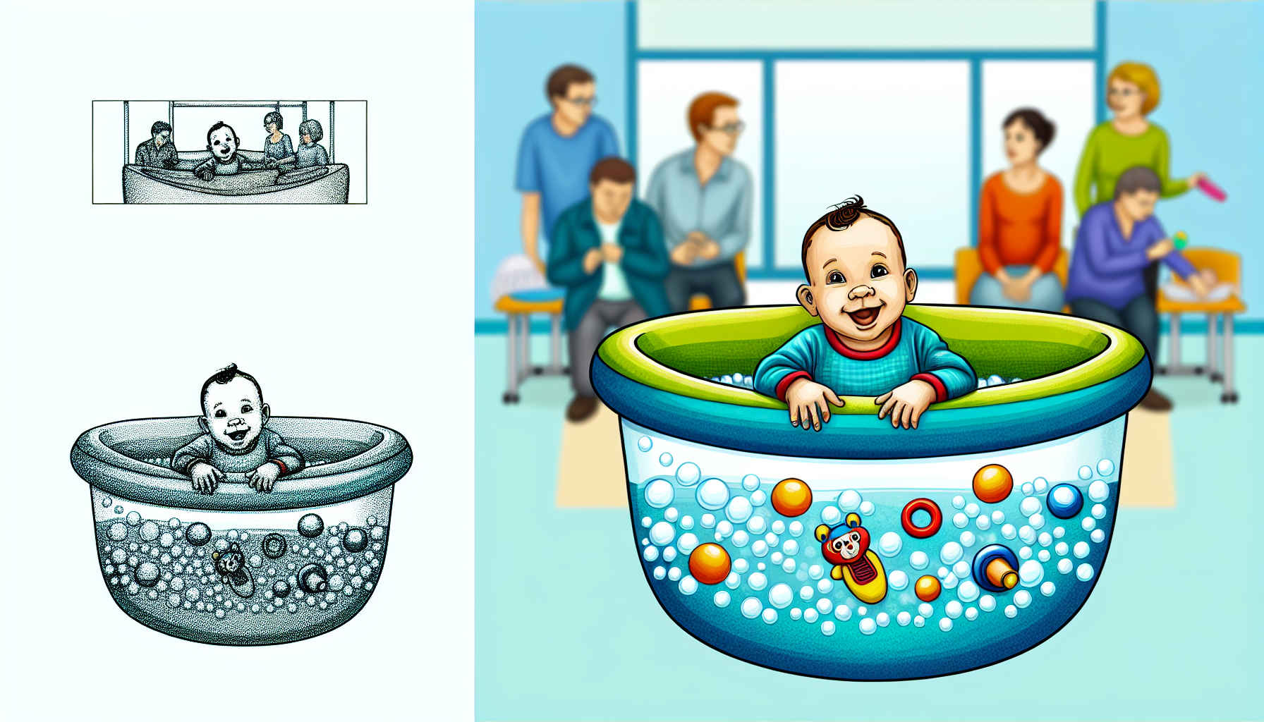 Ilustração detalhada de um bebê sorridente sentado em uma banheira inflável colorida, cheia de espuma, com brinquedos flutuantes e pais ao fundo observando com cuidado, estilo realista e acolhedor.