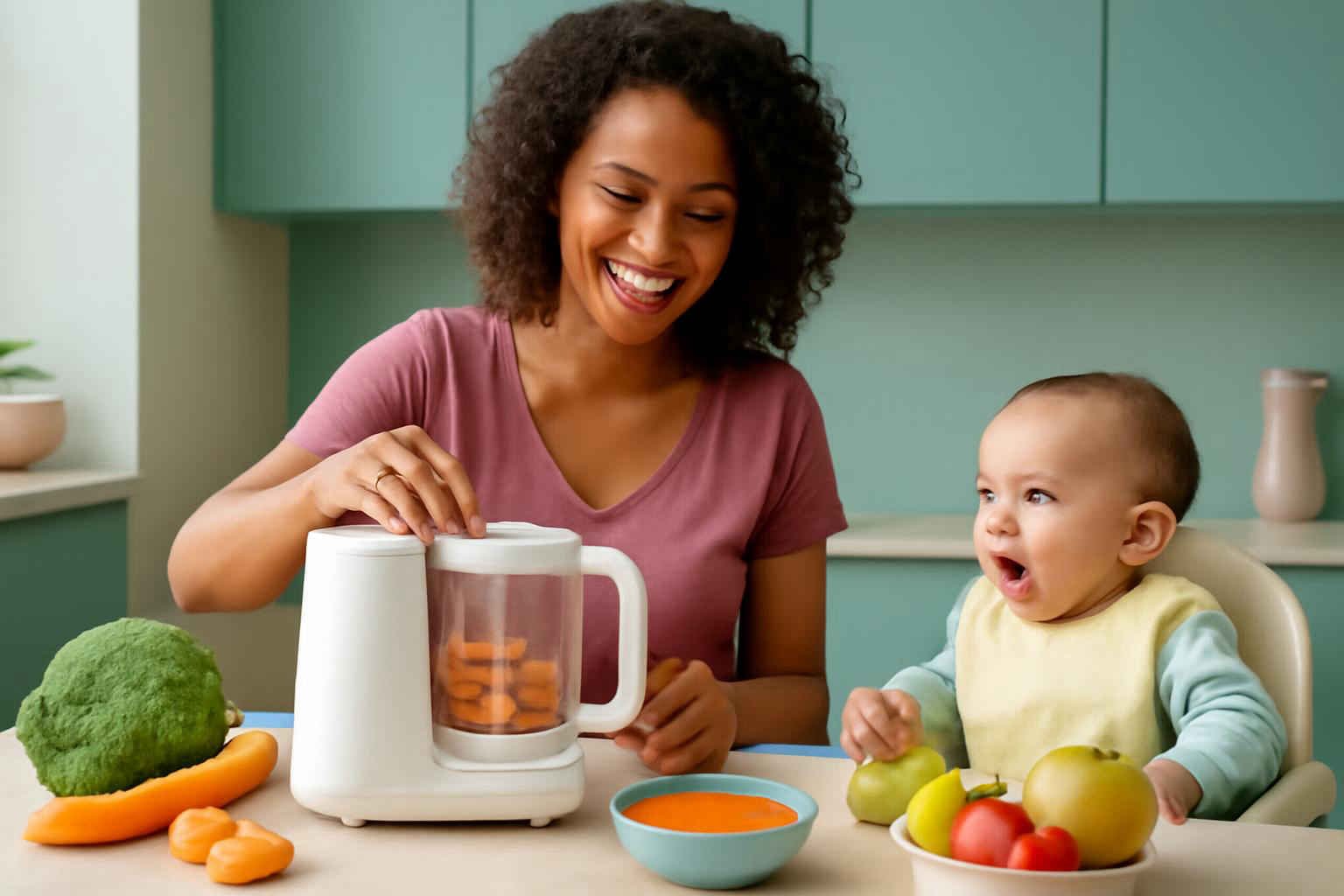 Processador de alimentos para bebê em bancada de cozinha com frutas e vegetais