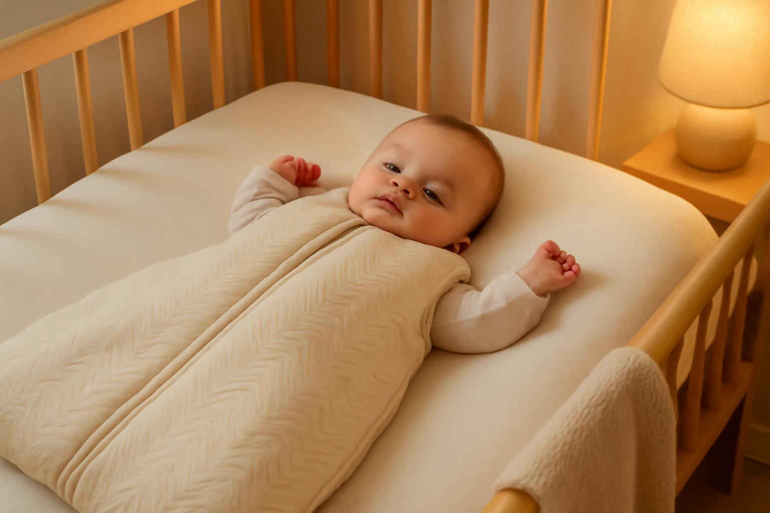 Bebê dormindo confortavelmente em um saco de dormir para bebê em um berço