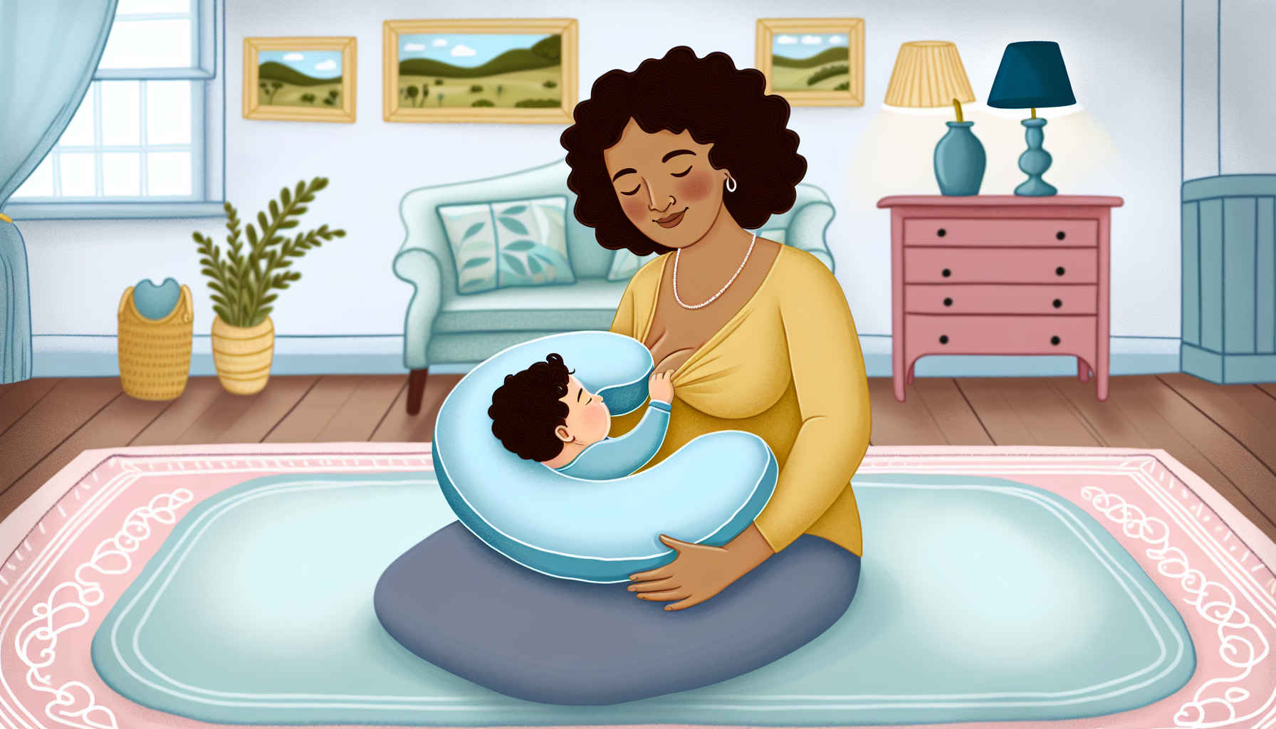 Mãe brasileira amamentando o bebê com travesseiro ergonômico