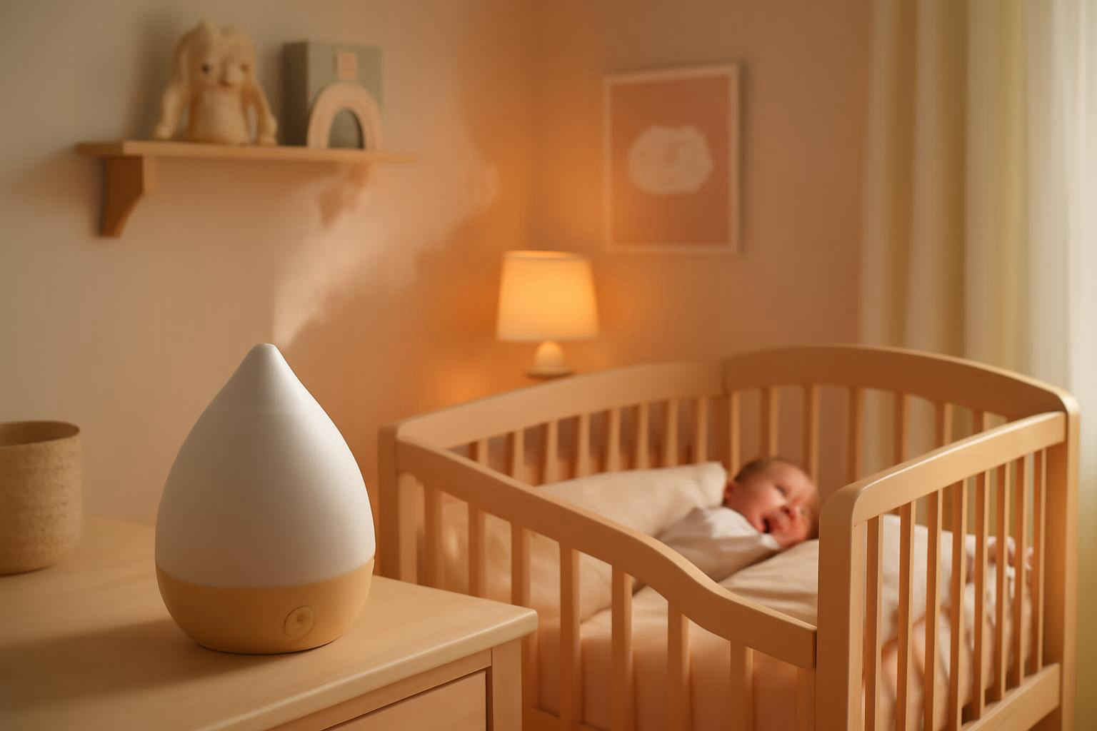 Umidificador moderno no quarto de bebê com névoa suave