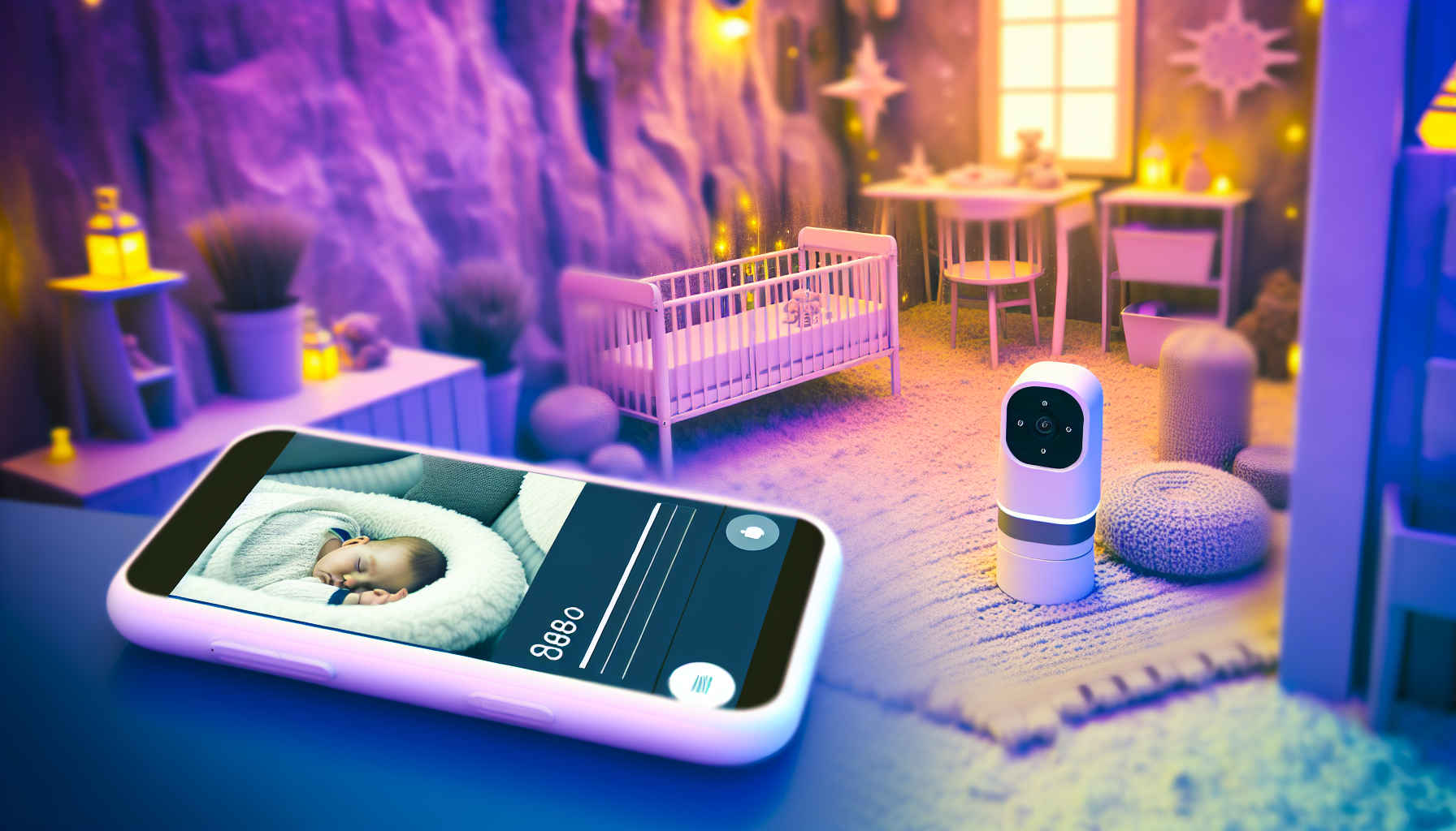 A modern baby monitor device in a cozy, softly lit nursery, showing a smartphone with live video feed displayed, baby sleeping in a crib, warm pastel colors, realistic, high detail
