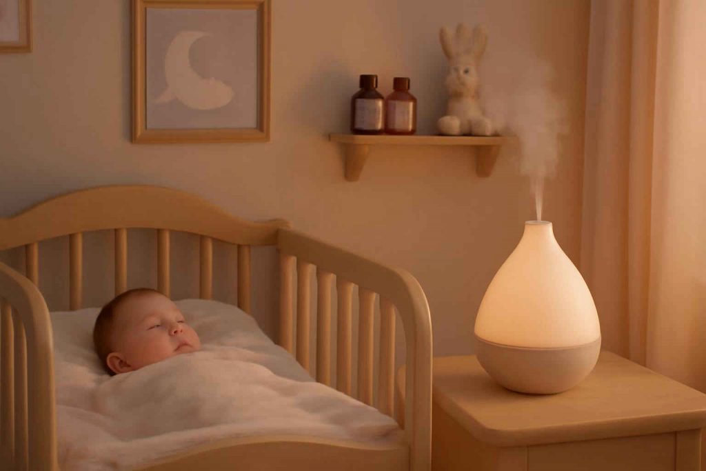 Quarto de bebê com difusor de aromaterapia e decoração suave