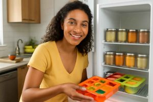 Mãe preparando purê de frutas e armazenando em potes no freezer