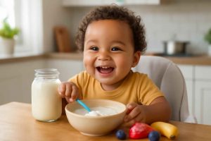 Bebê brasileiro comendo iogurte caseiro em cadeira alta