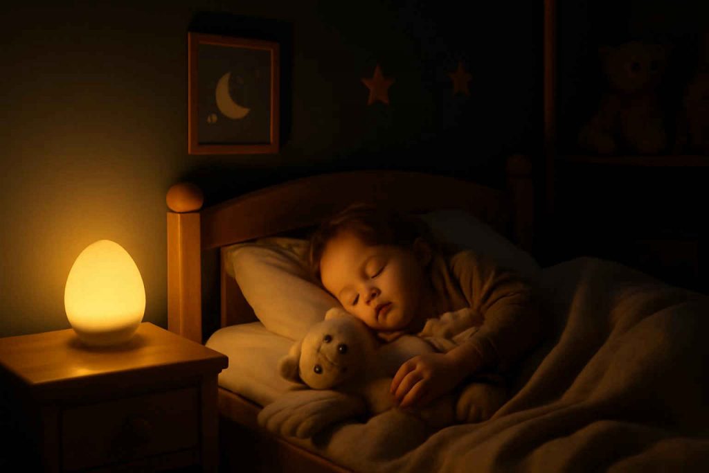 Criança dormindo tranquilamente em quarto com luz noturna suave
