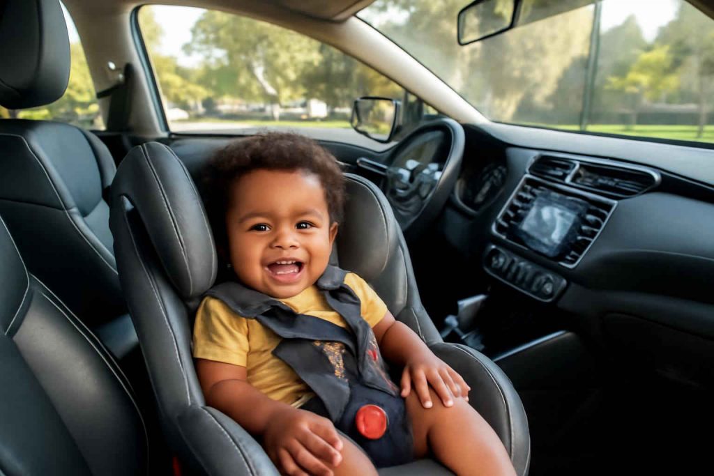 Interior de carro moderno com cadeirinha infantil instalada corretamente e bebê feliz usando o cinto de segurança.