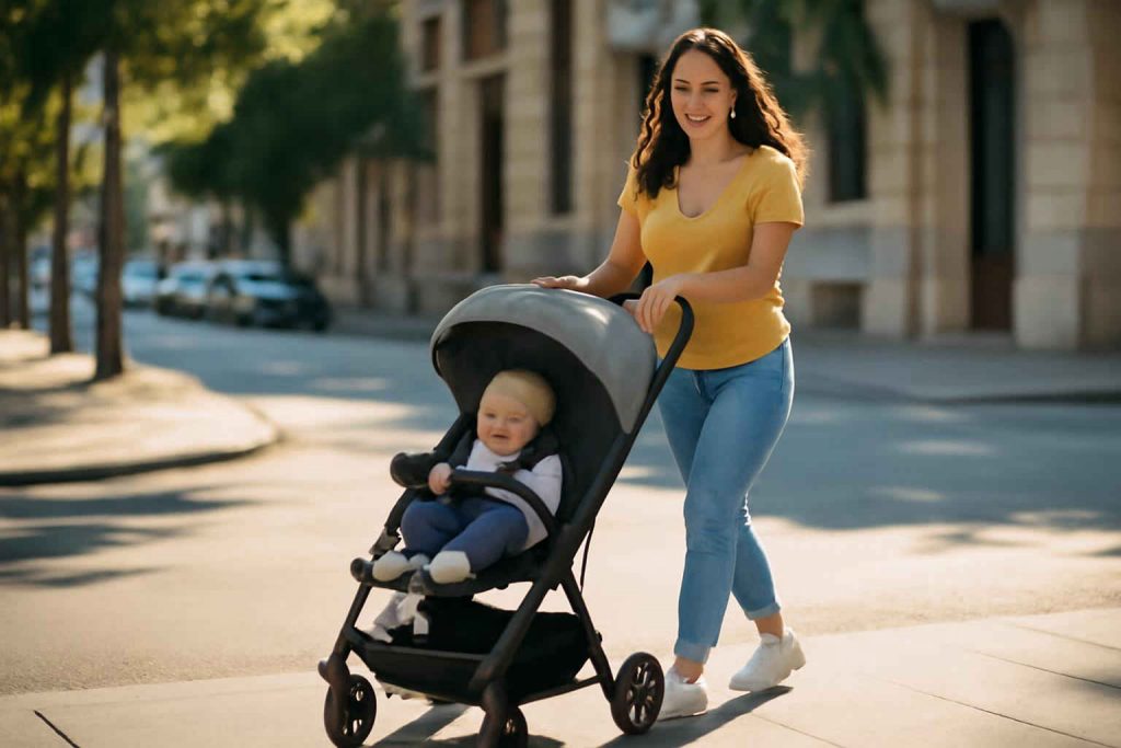 Mãe empurrando carrinho de bebê de viagem compacto