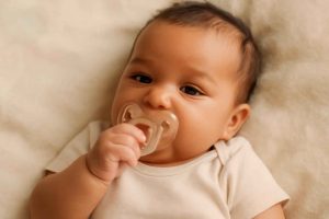 Bebê segurando chupeta ortodôntica em fundo suave