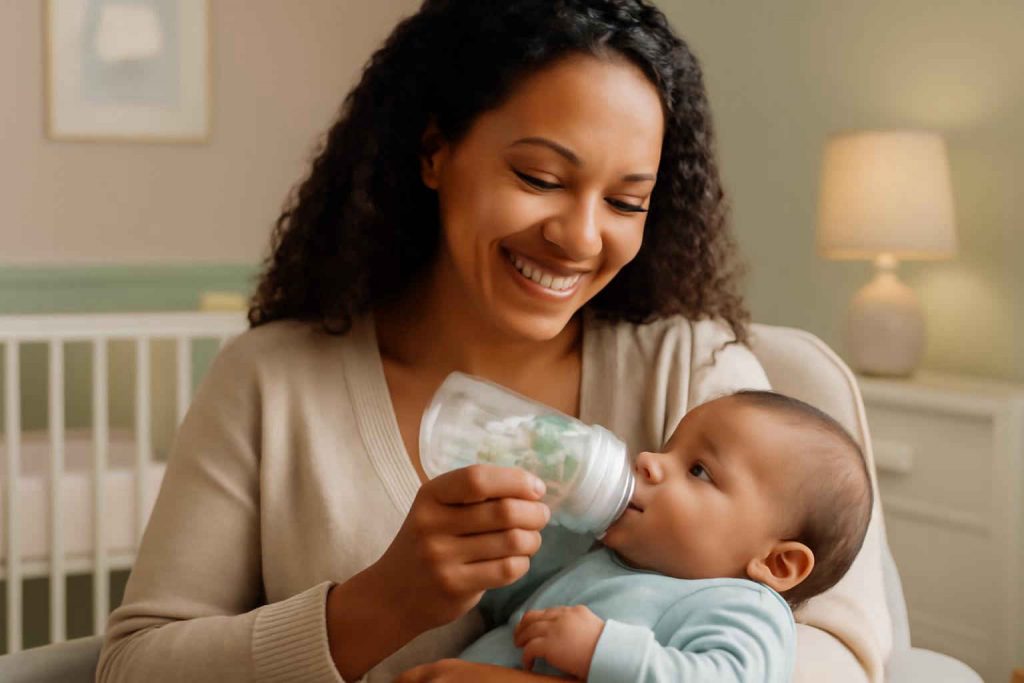 Mãe alimentando bebê com mamadeira anti-cólica em ambiente acolhedor