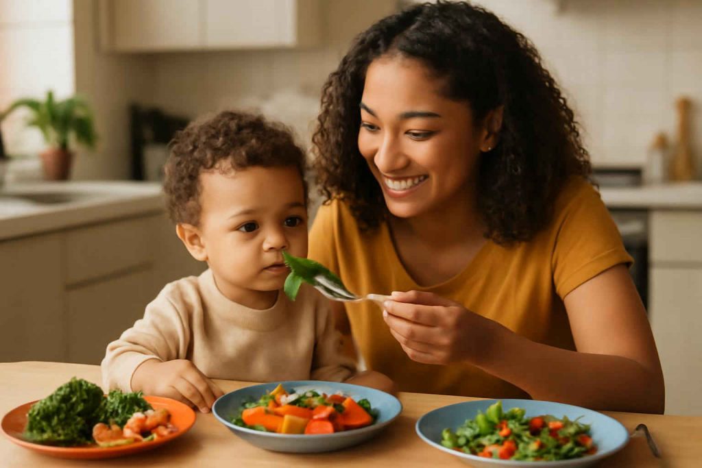 Mãe brasileira oferecendo alimentos saudáveis a criança pequena na cozinha moderna