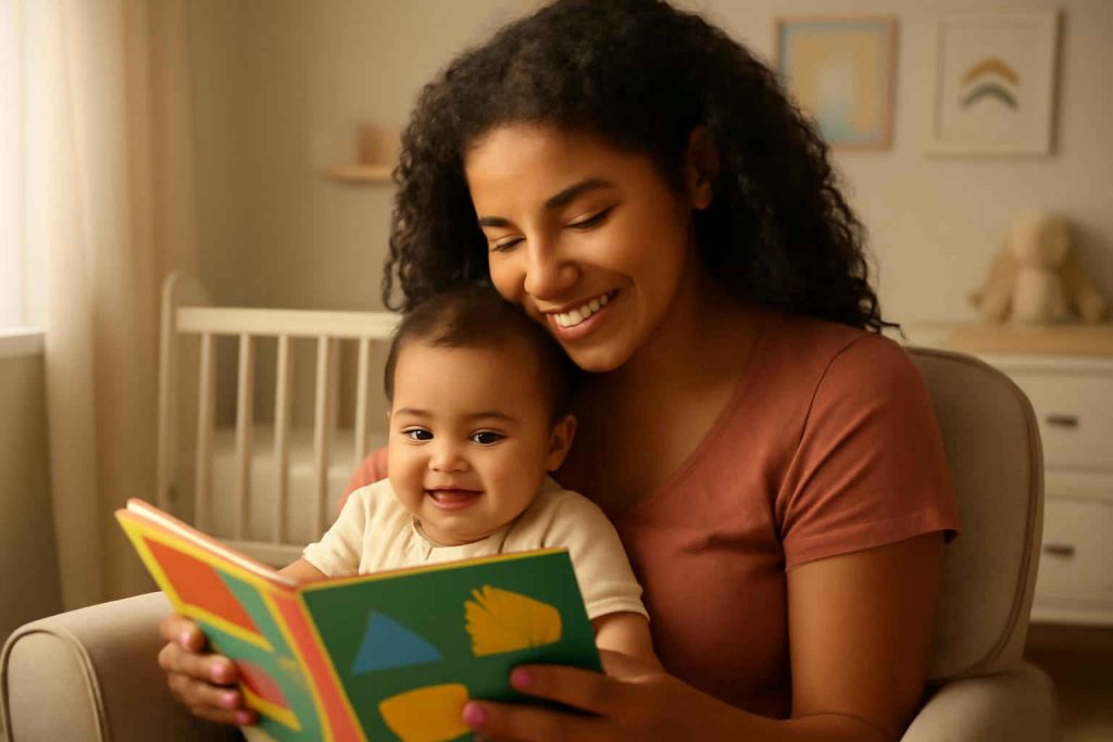 Mãe brasileira lendo um livro infantil para seu bebê em um quarto aconchegante