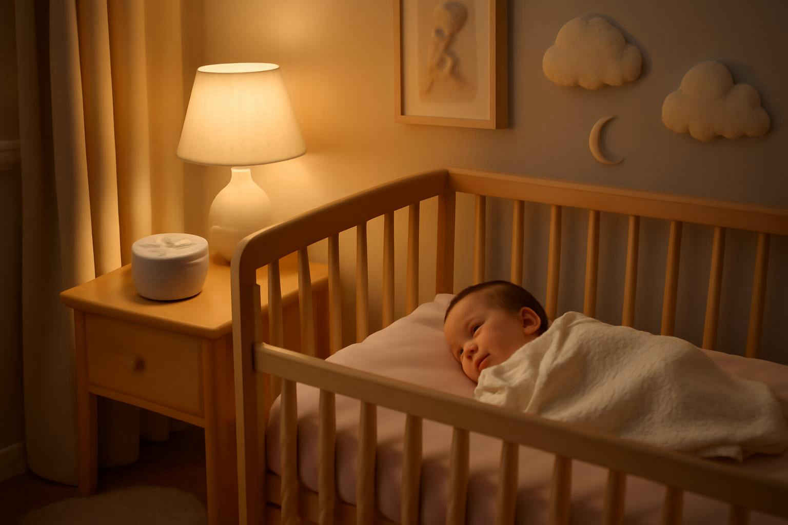Bebê dormindo em um berço com máquina de ruído branco ao lado