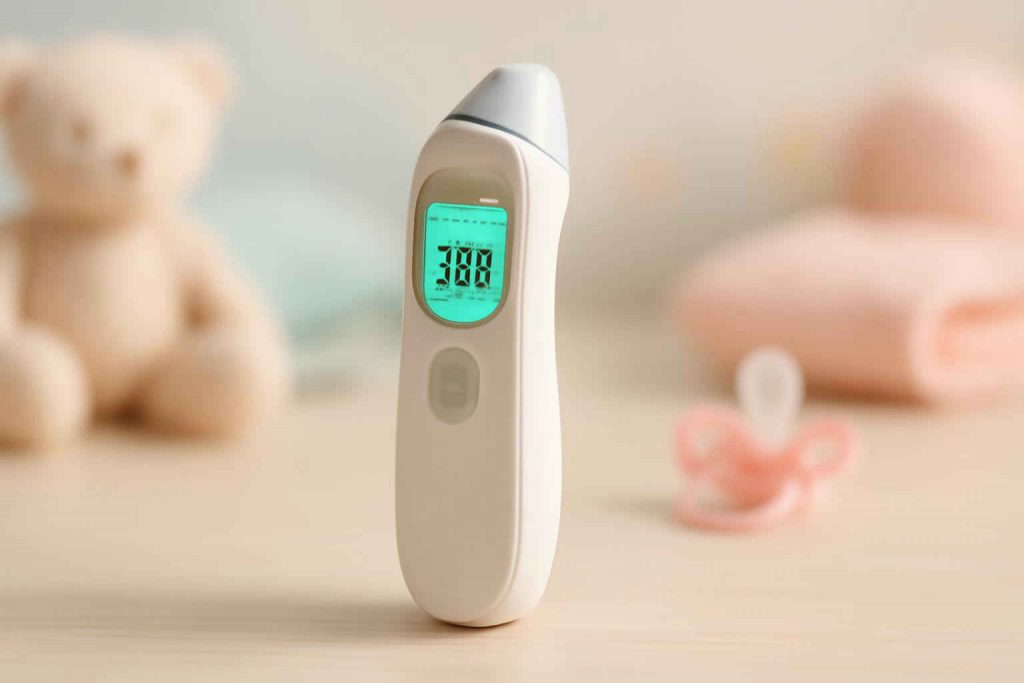 Termômetro digital infravermelho para bebês sobre mesa com itens de bebê