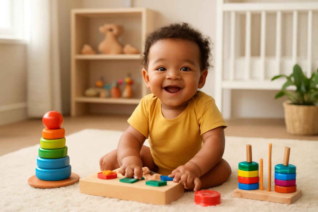 Bebê brincando com brinquedos Montessori de madeira para coordenação motora fina