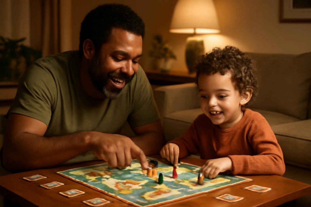 Pai e criança jogando jogo para desenvolver resiliência emocional