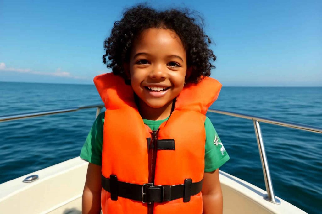 Criança usando colete salva-vidas infantil em um barco