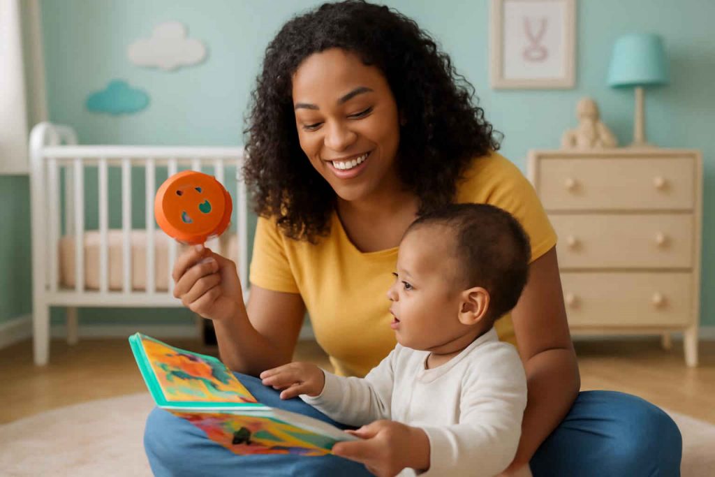 Mãe brasileira estimulando a fala do bebê com brinquedos educativos