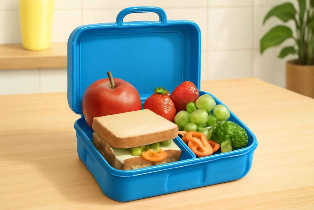 Lancheira saudável e colorida com frutas, sanduíches e legumes