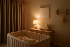 Quarto de bebê tranquilo com cortinas blackout e iluminação suave