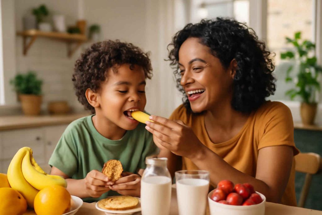 Criança e mãe em cozinha moderna desfrutando de lanche sem lactose