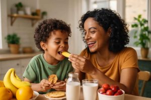 Criança e mãe em cozinha moderna desfrutando de lanche sem lactose