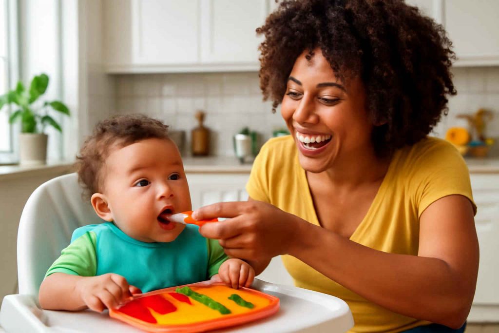 Mãe brasileira alimentando bebê de seis meses com comidinhas coloridas em bandeja