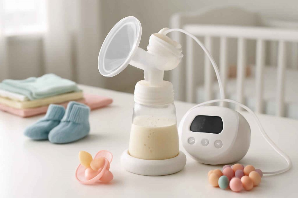 Bomba de leite materno elétrica em uma mesa de quarto de bebê
