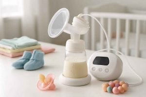 Bomba de leite materno elétrica em uma mesa de quarto de bebê
