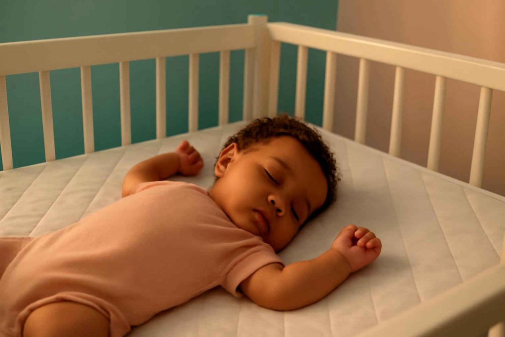 bebê dormindo em berço com protetor de colchão impermeável