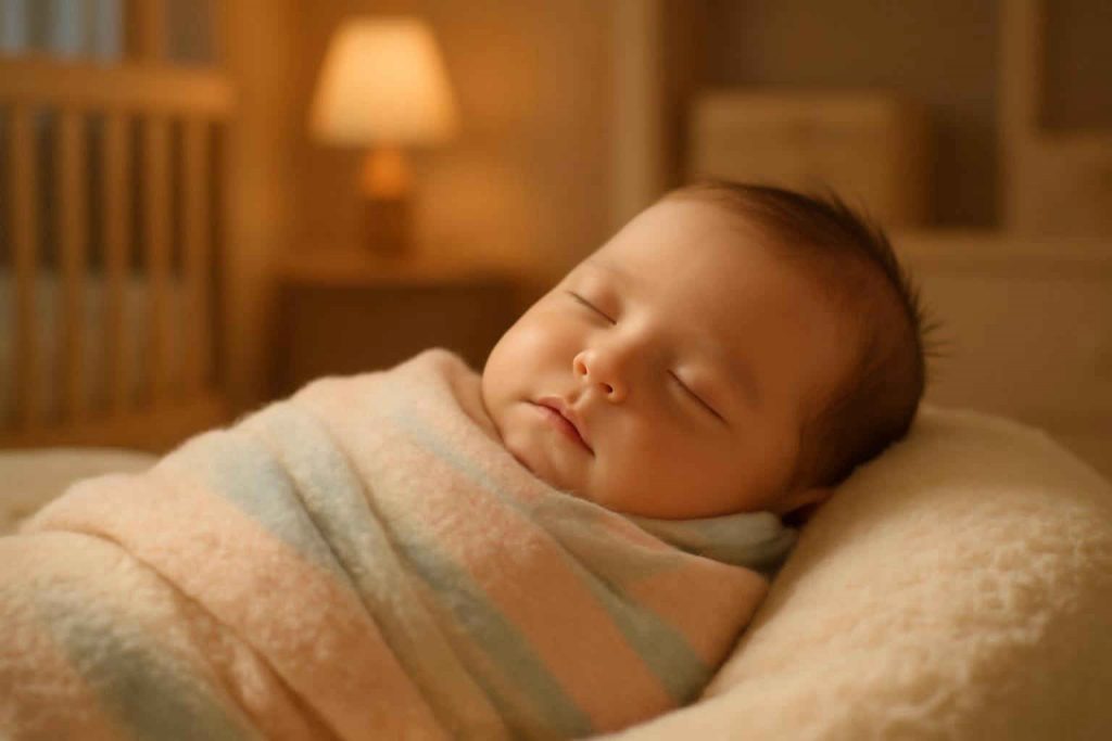 Bebê recém-nascido sendo suavemente envolvido em uma manta em um ambiente acolhedor