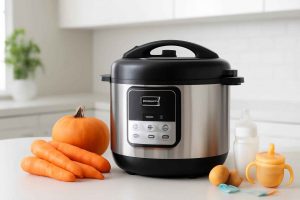 Panela de pressão elétrica com ingredientes para papinha de bebê no balcão da cozinha