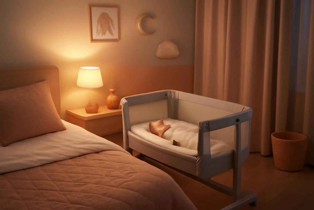 Berço acoplado moderno ao lado de cama de adulto em um quarto aconchegante
