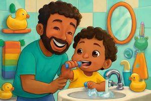 Criança feliz escovando os dentes em banheiro colorido