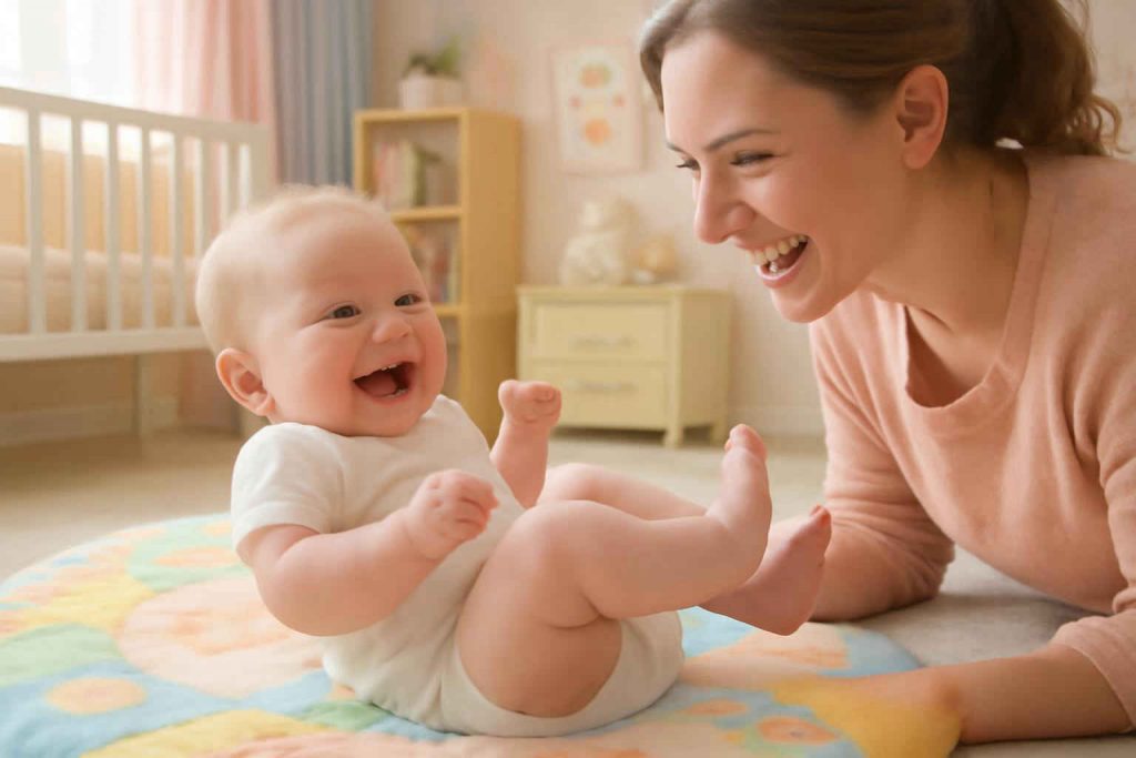 Bebê fazendo exercícios de fortalecimento do core em um tapete colorido
