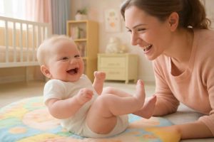Bebê fazendo exercícios de fortalecimento do core em um tapete colorido