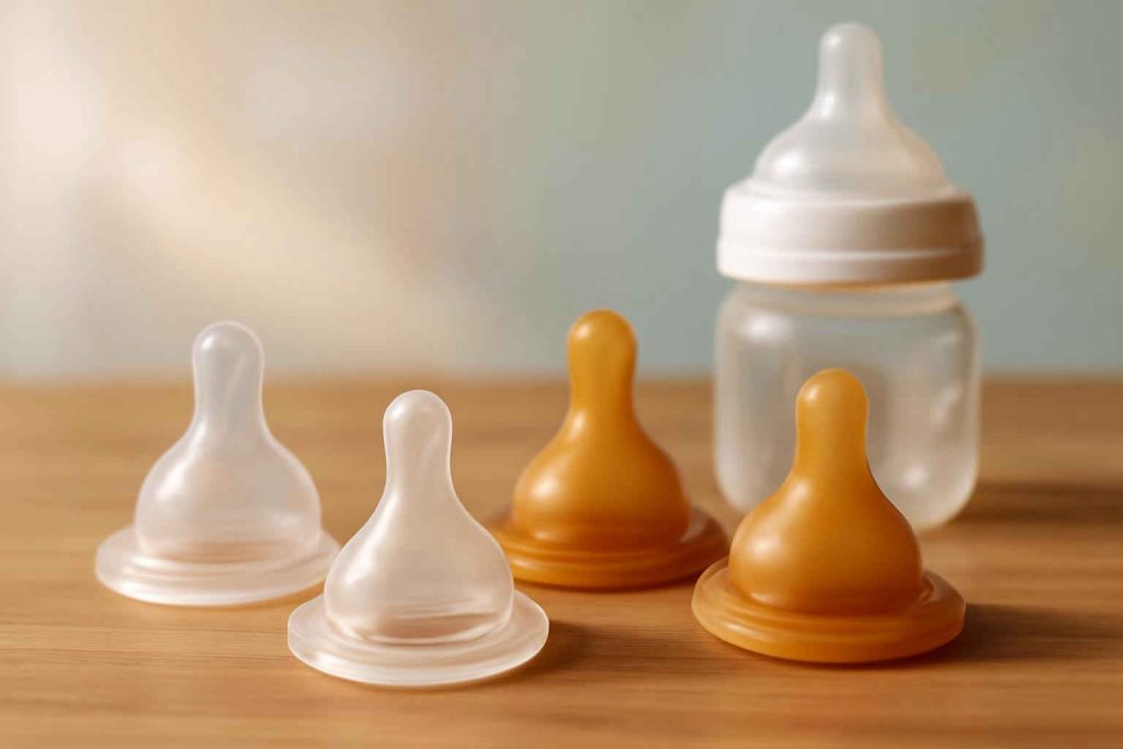 Diferentes tipos de bico de mamadeira dispostos em uma mesa de madeira com fundo pastel