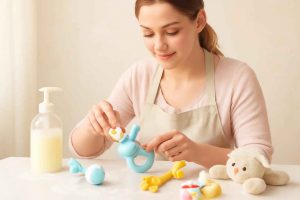 Mãe limpando cuidadosamente brinquedos de bebê em uma superfície limpa
