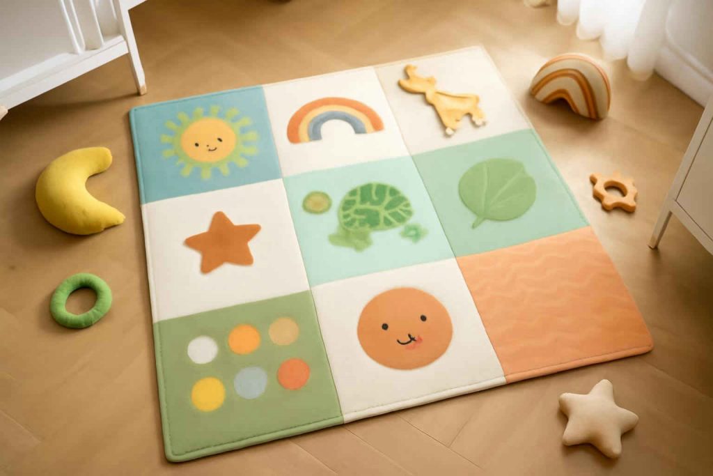 Tapete lúdico colorido em quarto infantil com brinquedos educativos