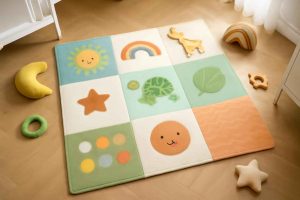 Tapete lúdico colorido em quarto infantil com brinquedos educativos