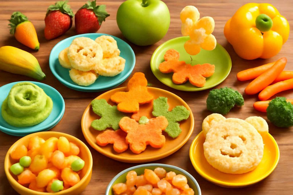 Variedade de lanches saudáveis sem glúten para crianças apresentados de forma colorida