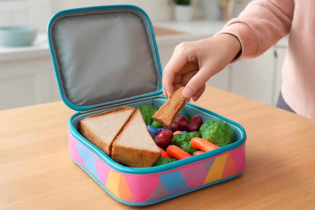 Mãe e criança embalando lancheira térmica colorida contendo frutas e sanduíches