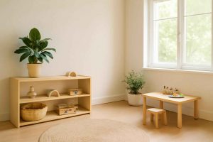 Quarto de bebê estilo Montessori com prateleiras baixas, brinquedos ao alcance e luz natural