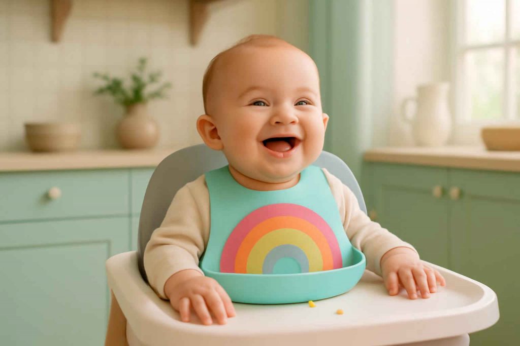 Bebê usando babador de silicone colorido com bolso em cadeirinha de alimentação