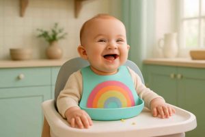 Bebê usando babador de silicone colorido com bolso em cadeirinha de alimentação