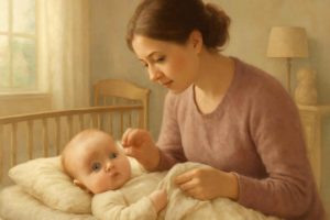 Bebê com os olhos limpos sendo cuidado pela mãe em ambiente acolhedor